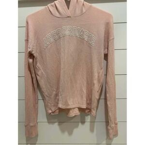 Abercrombie Kids Girls Peach Pink Ribbed Panel Logo Hoodie Sweatshirt Size 13/14